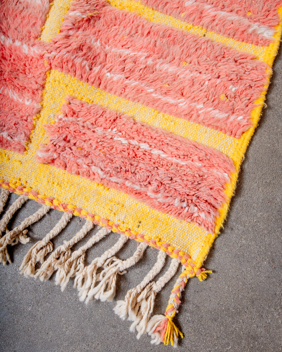 Modern, designer, handcrafted Berber rug from Morocco. Beniourain carpet with beautiful colours and patterns and fluffy wool texture.